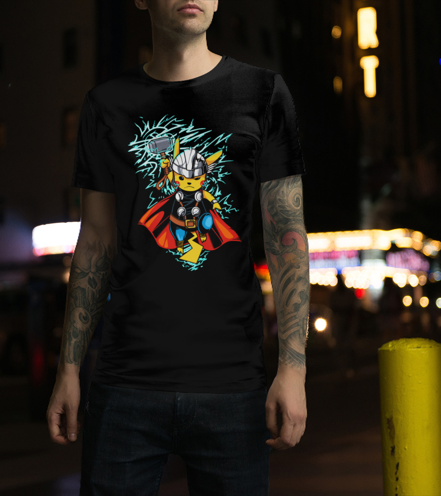 Pikachu Wielding Thor's Hammer With Lightning And Armor T-Shirt