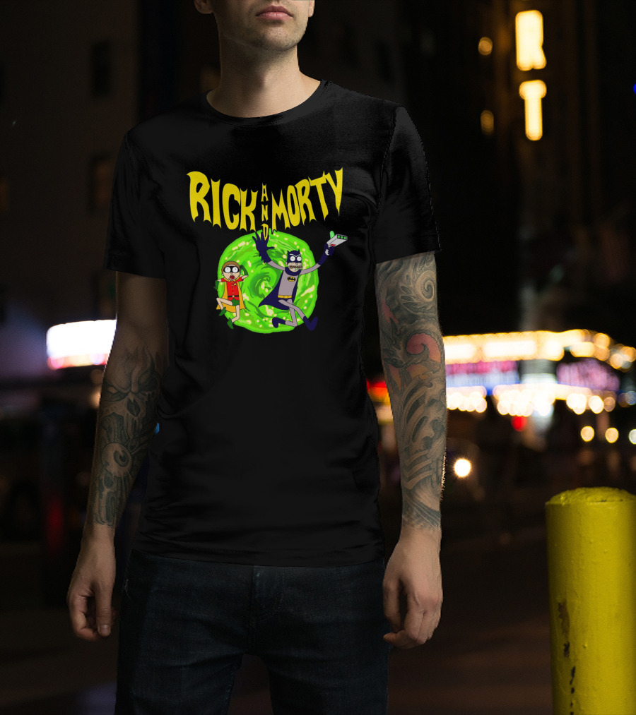 Rick And Morty In Batman Costumes With Portal Gun And Swirling Green Portal T-Shirt