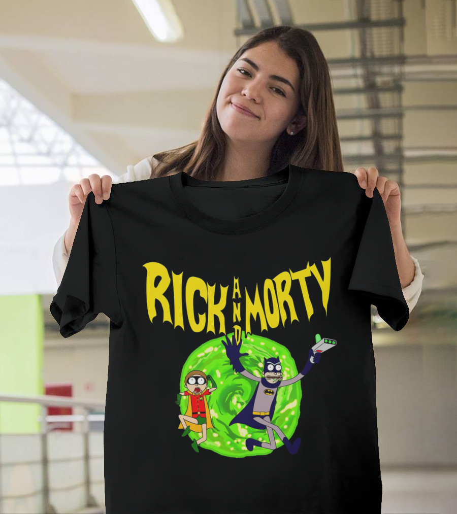 Rick And Morty In Batman Costumes With Portal Gun And Swirling Green Portal T-Shirt