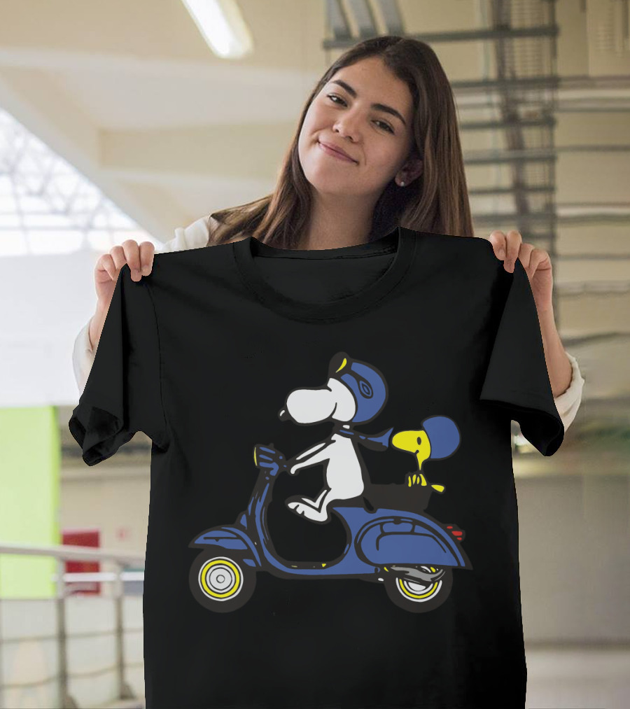 Snoopy And Woodstock Riding Blue Vespa With Helmets T-Shirt