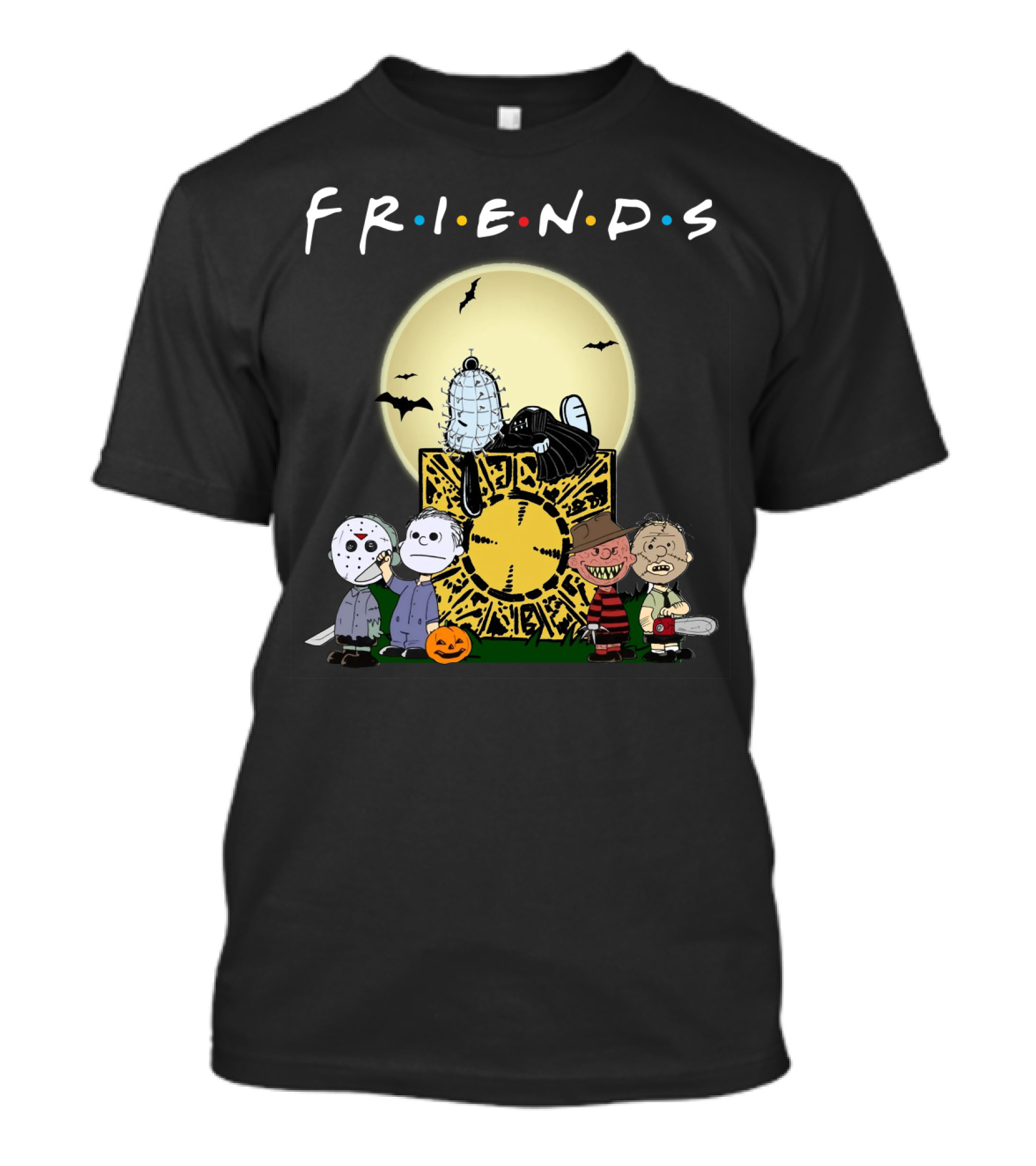 Friends Peanuts Horror Movie Characters Crossover Featuring Iconic Monsters And Symbols T-Shirt