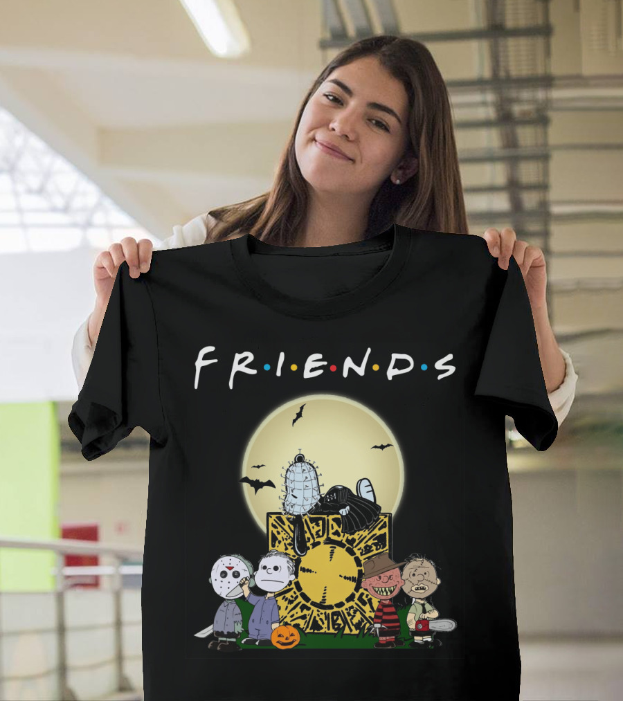 Friends Peanuts Horror Movie Characters Crossover Featuring Iconic Monsters and Symbols T-Shirt