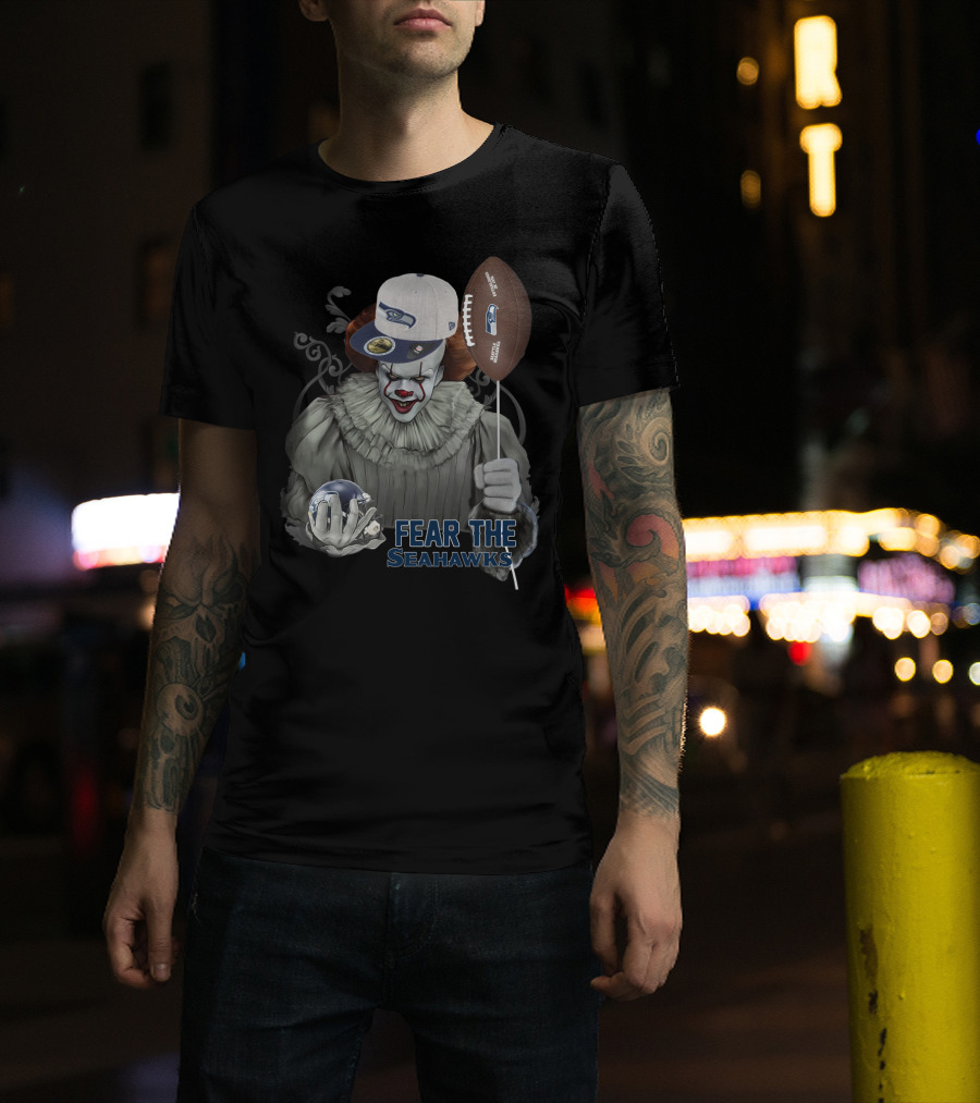 Pennywise Holding Seattle Seahawks Football And Wearing Seahawks Cap T-Shirt