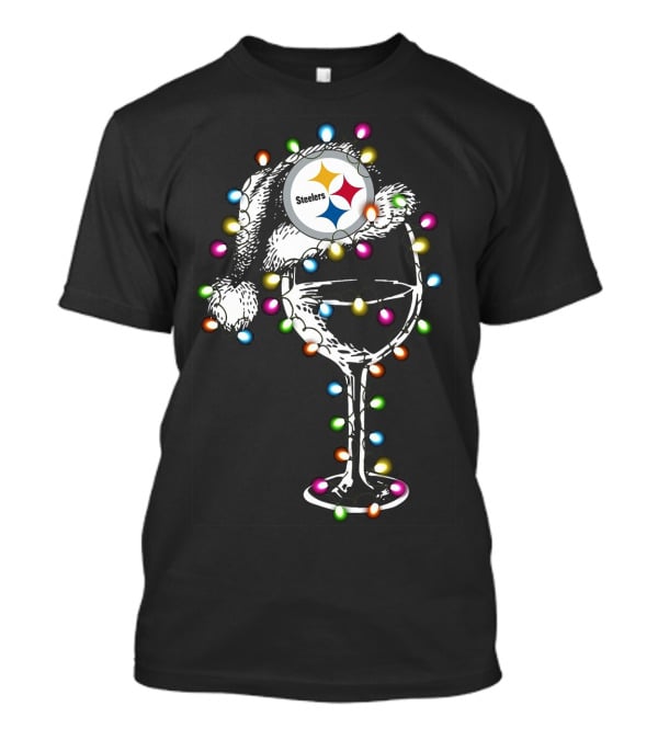Pittsburgh Steelers Christmas Wine Glass Santa Hat Lights T-Shirt