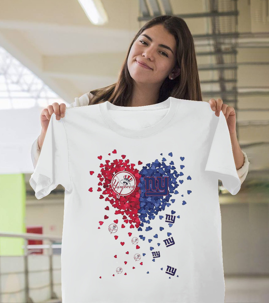 New York Yankees Giants Heart Shaped Logos With Red And Blue Hearts T-Shirt