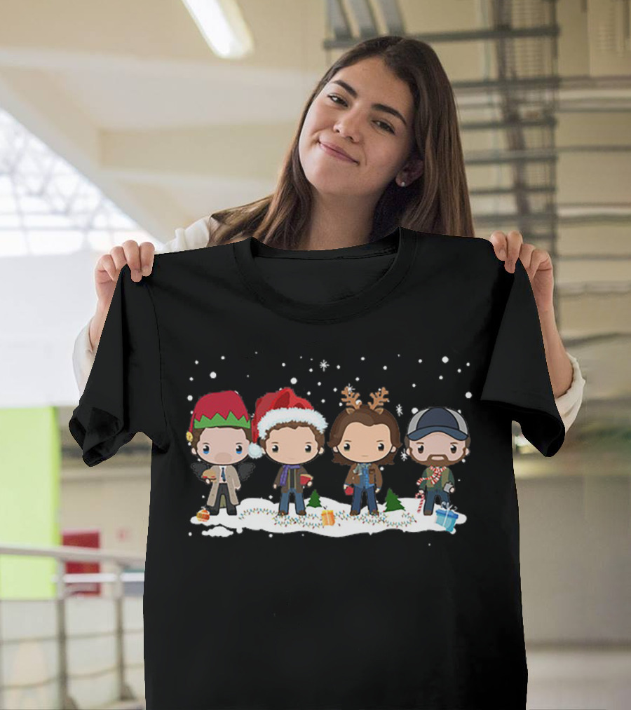 Supernatural Holiday Chibi Characters With Christmas Hats And Snow Scene T-Shirt