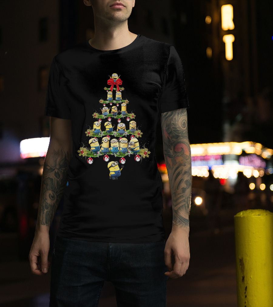 Minions In A Christmas Tree Formation With Festive Decorations T-Shirt