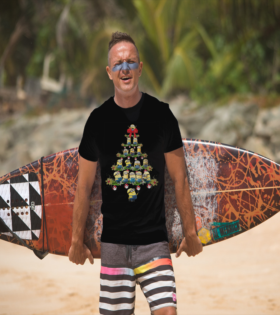 Minions In A Christmas Tree Formation With Festive Decorations T-Shirt