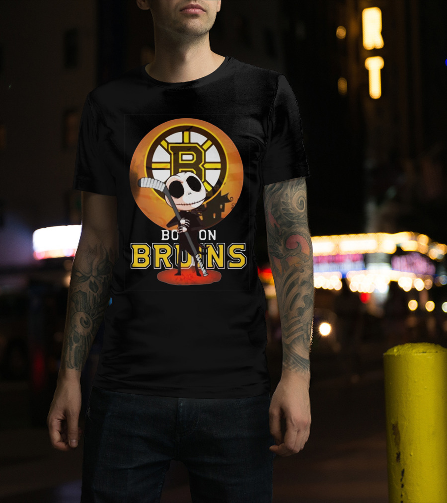 Boston Bruins Jack Skellington Holding Hockey Stick T-Shirt