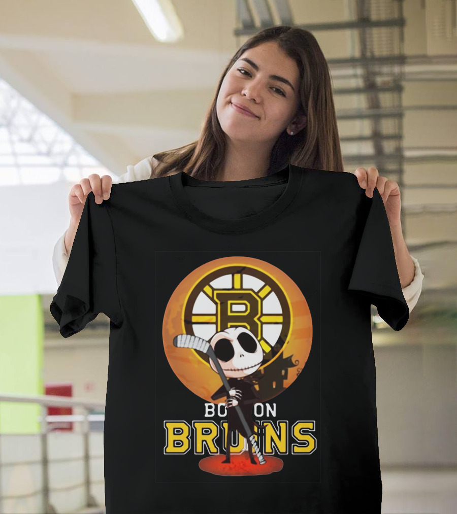 Boston Bruins Jack Skellington Holding Hockey Stick T-Shirt