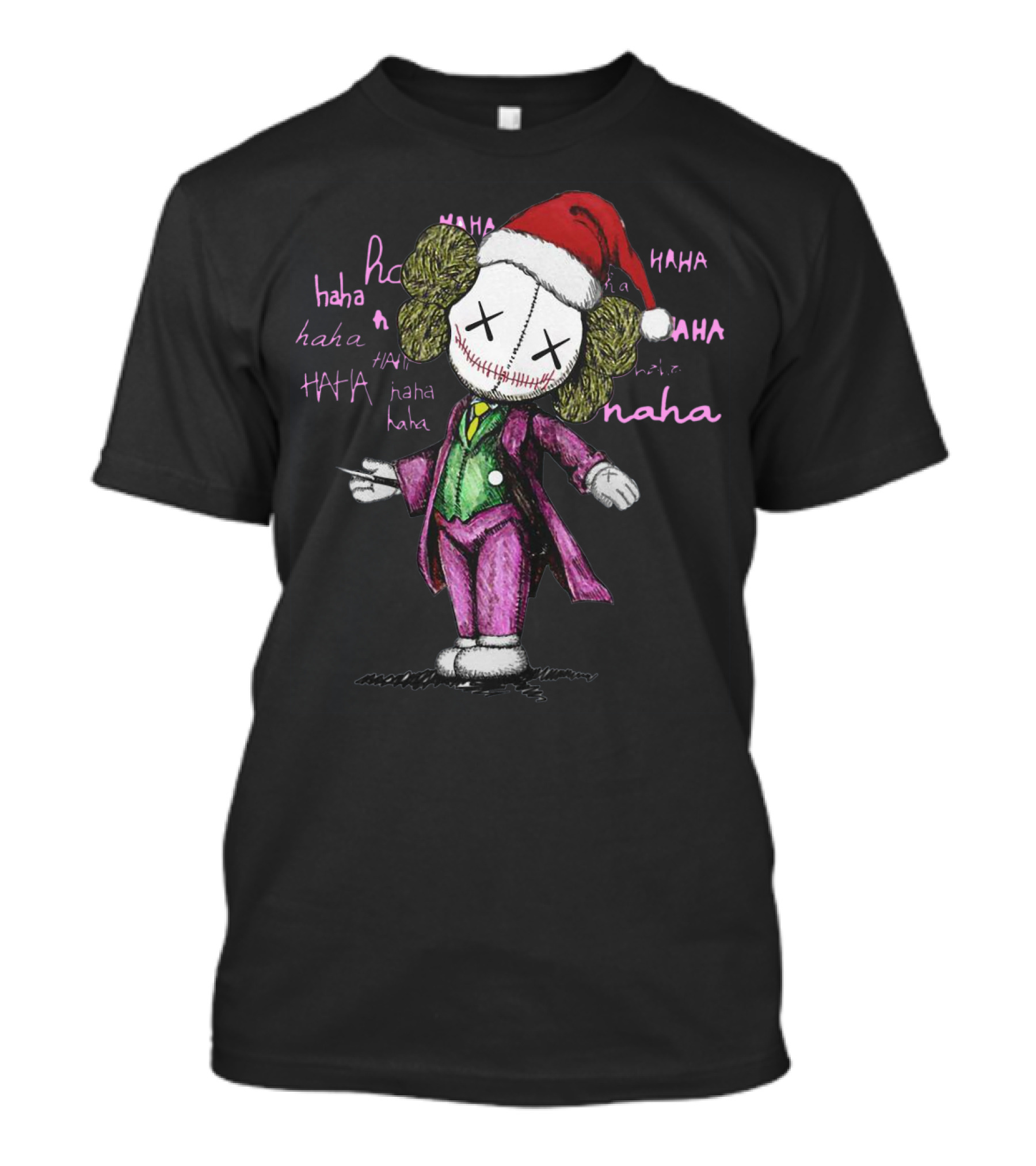 Santa Joker Kaws Haha Clown Character In Festive Hat With Laughing Text T-Shirt