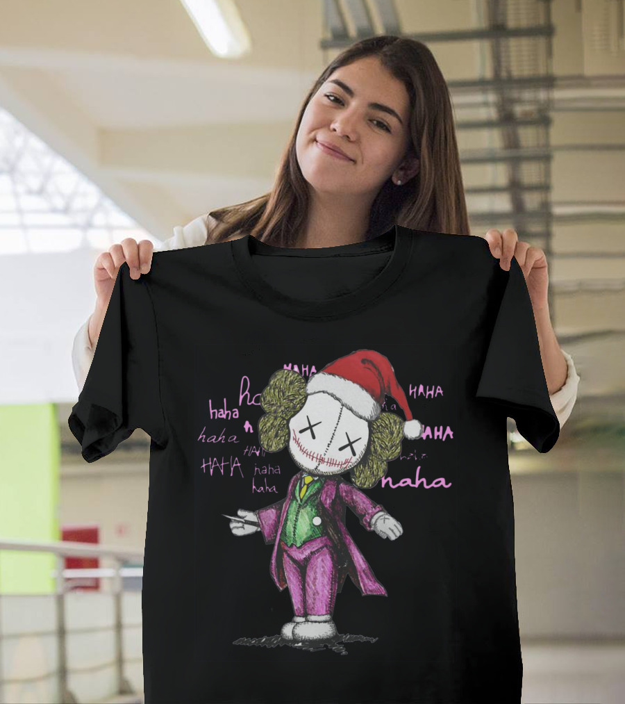 Santa Joker Kaws Haha Clown Character in Festive Hat with Laughing Text T-Shirt