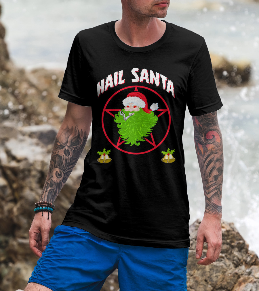 Hail Santa Pentagram Smoking Holly Bells T-Shirt