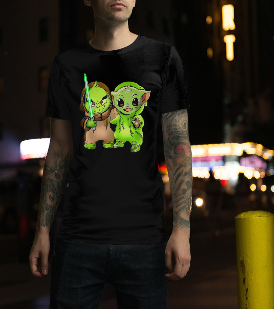Baby Yoda And Baby Grinch Lightsaber Duo T-Shirt