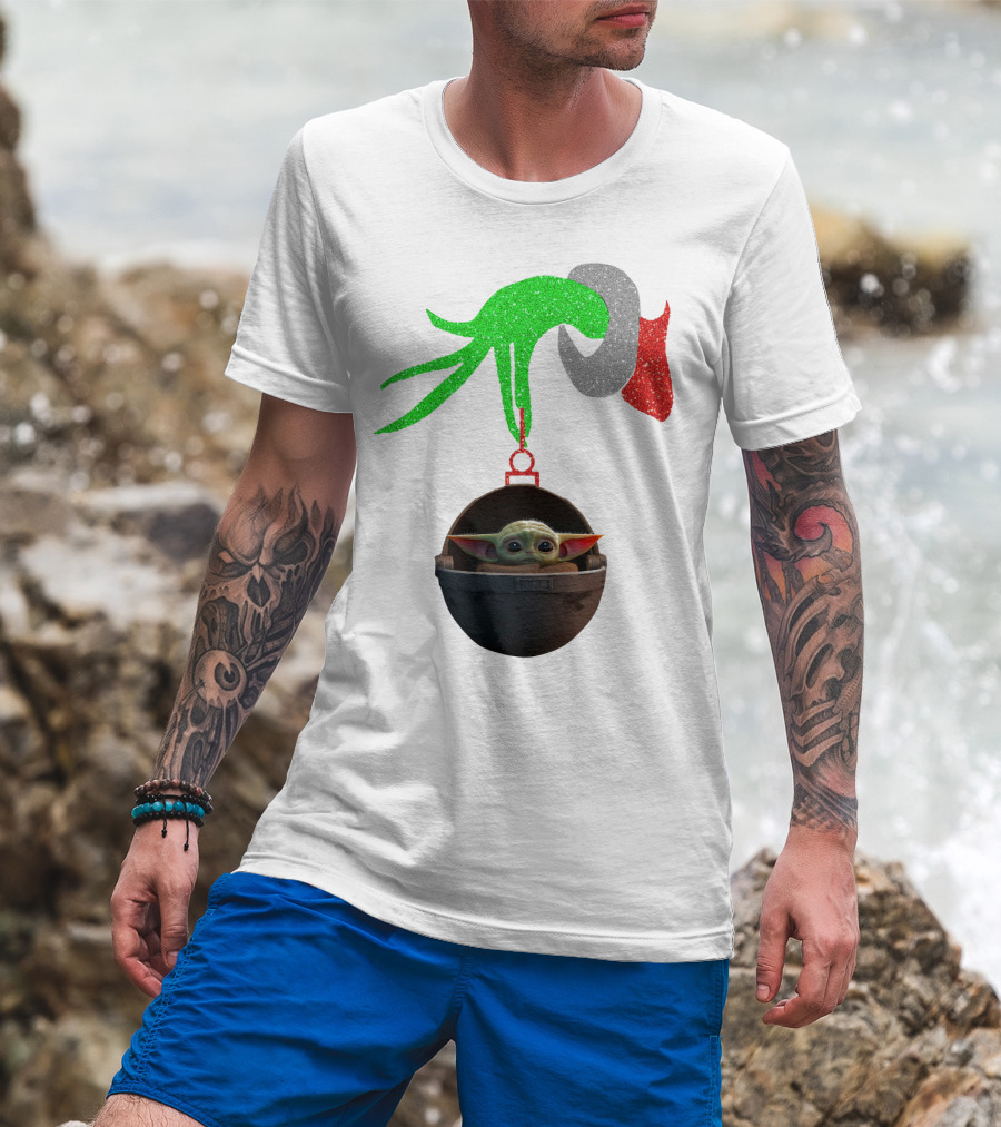 Grinch Hand Glitter Holding Baby Yoda T-Shirt