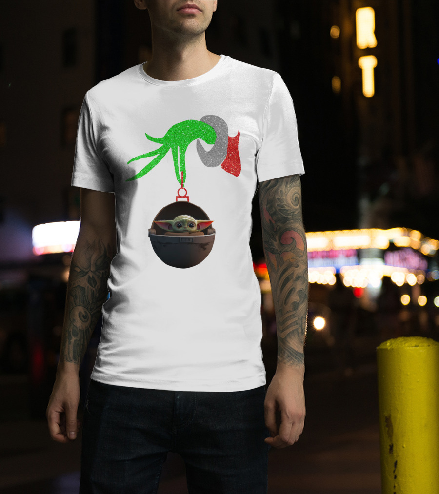 Grinch Hand Glitter Holding Baby Yoda T-Shirt