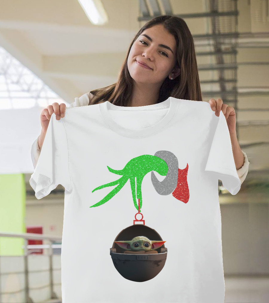 Grinch Hand Glitter Holding Baby Yoda T-Shirt