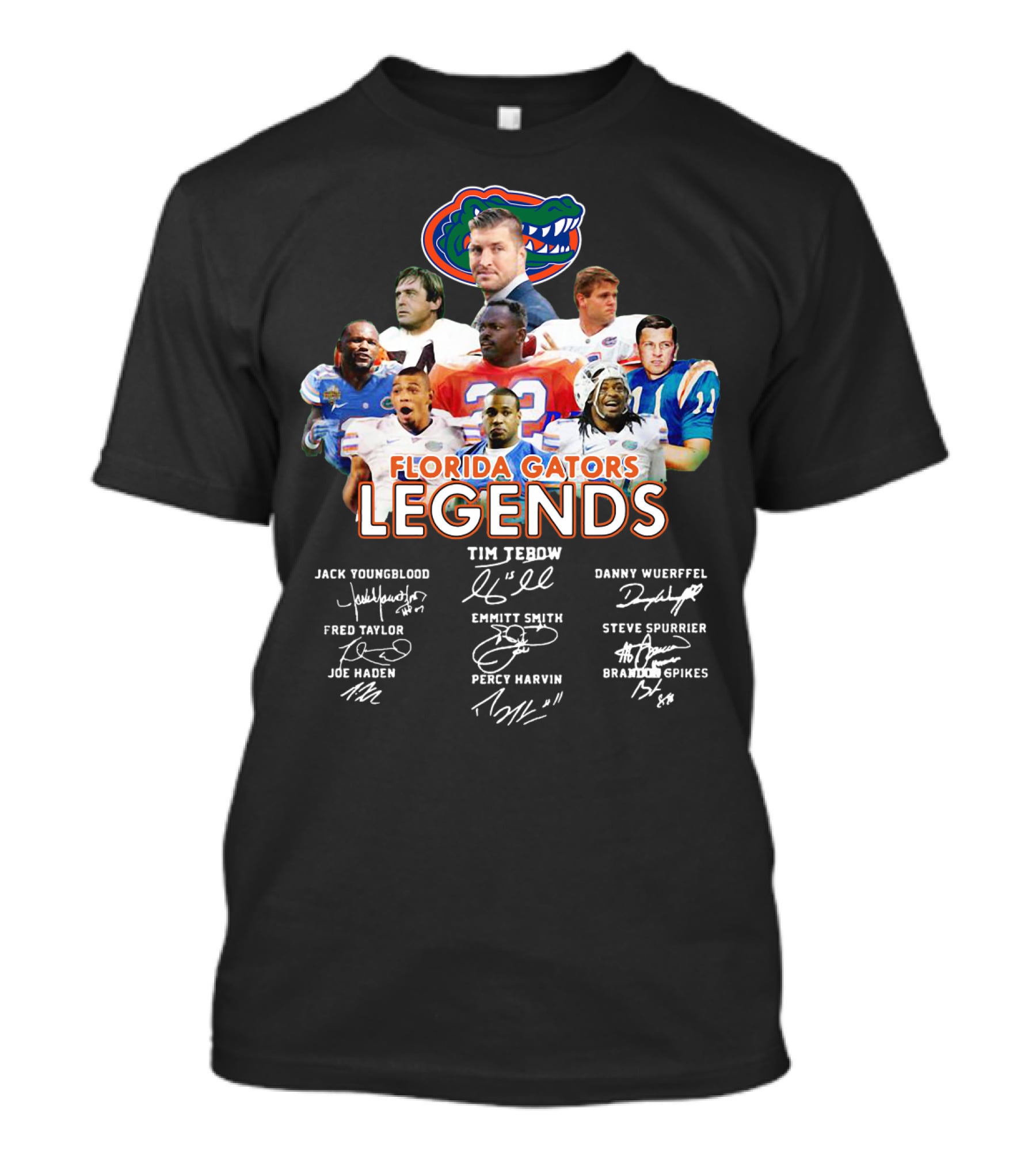 Florida Gators Legends Jack Youngblood Tim Tebow Danny Wuerffel Fred Taylor Emmitt Smith Steve Spurrier Joe Haden Percy Harvin Brandon Spikes T-Shirt
