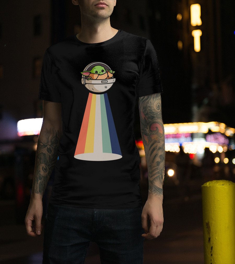 Baby Yoda Spaceship Rainbow Glow T-Shirt