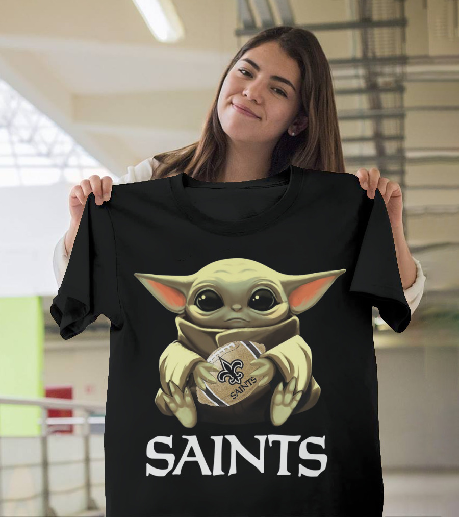 Baby Yoda Holding New Orleans Saints Football T-Shirt