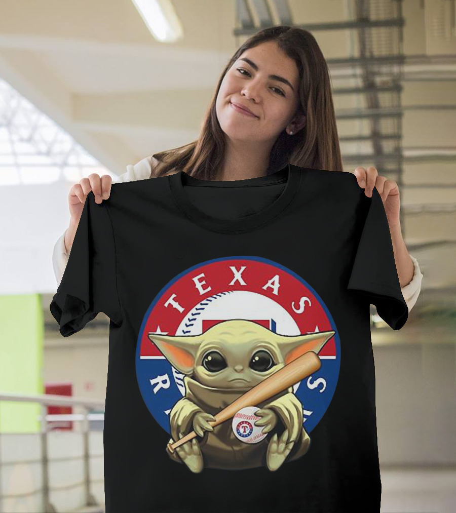 Baby Yoda Texas Rangers Baseball Fan With Bat And Ball T-Shirt