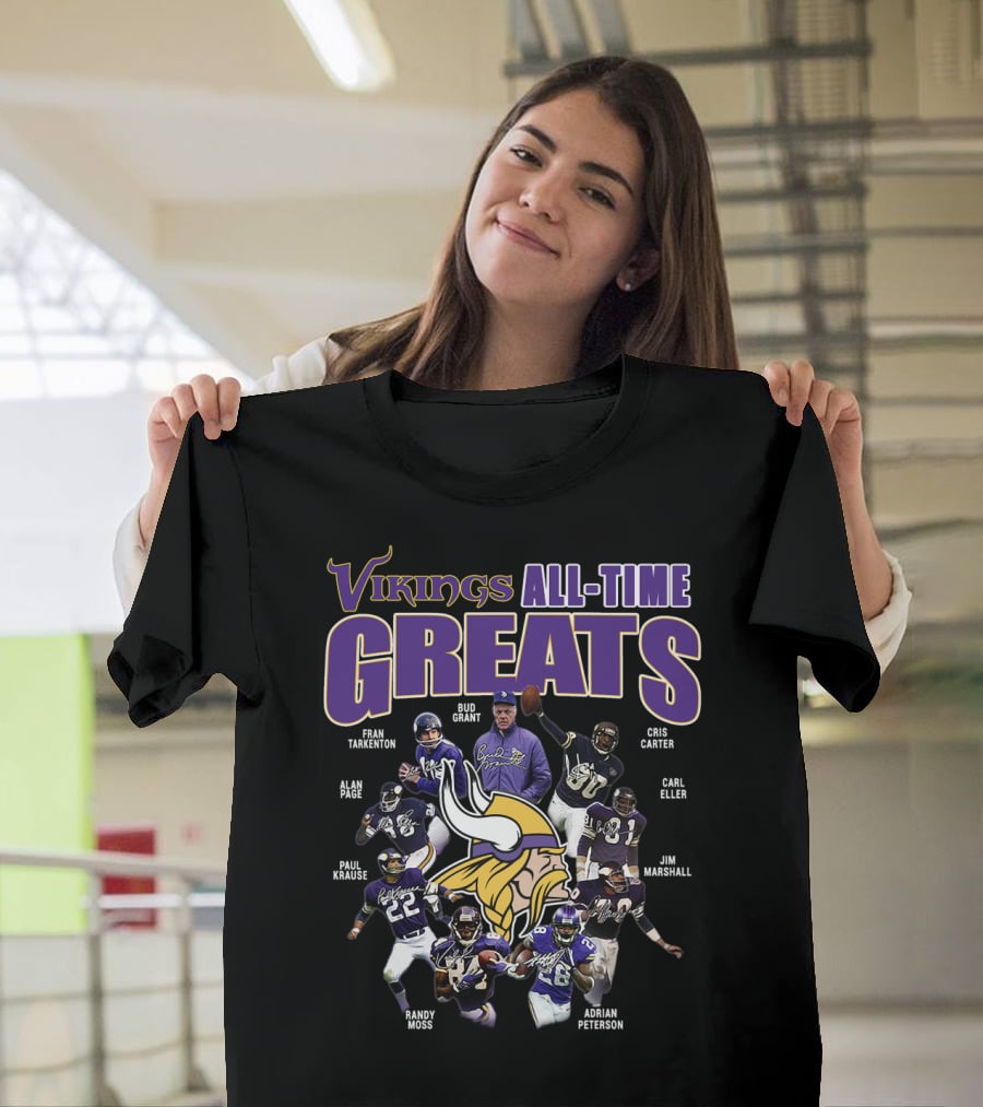Vikings All-Time Greats Fran Tarkenton Bud Grant Cris Carter Alan Page Paul Krause Randy Moss Adrian Peterson Carl Eller Jim Marshall T-Shirt