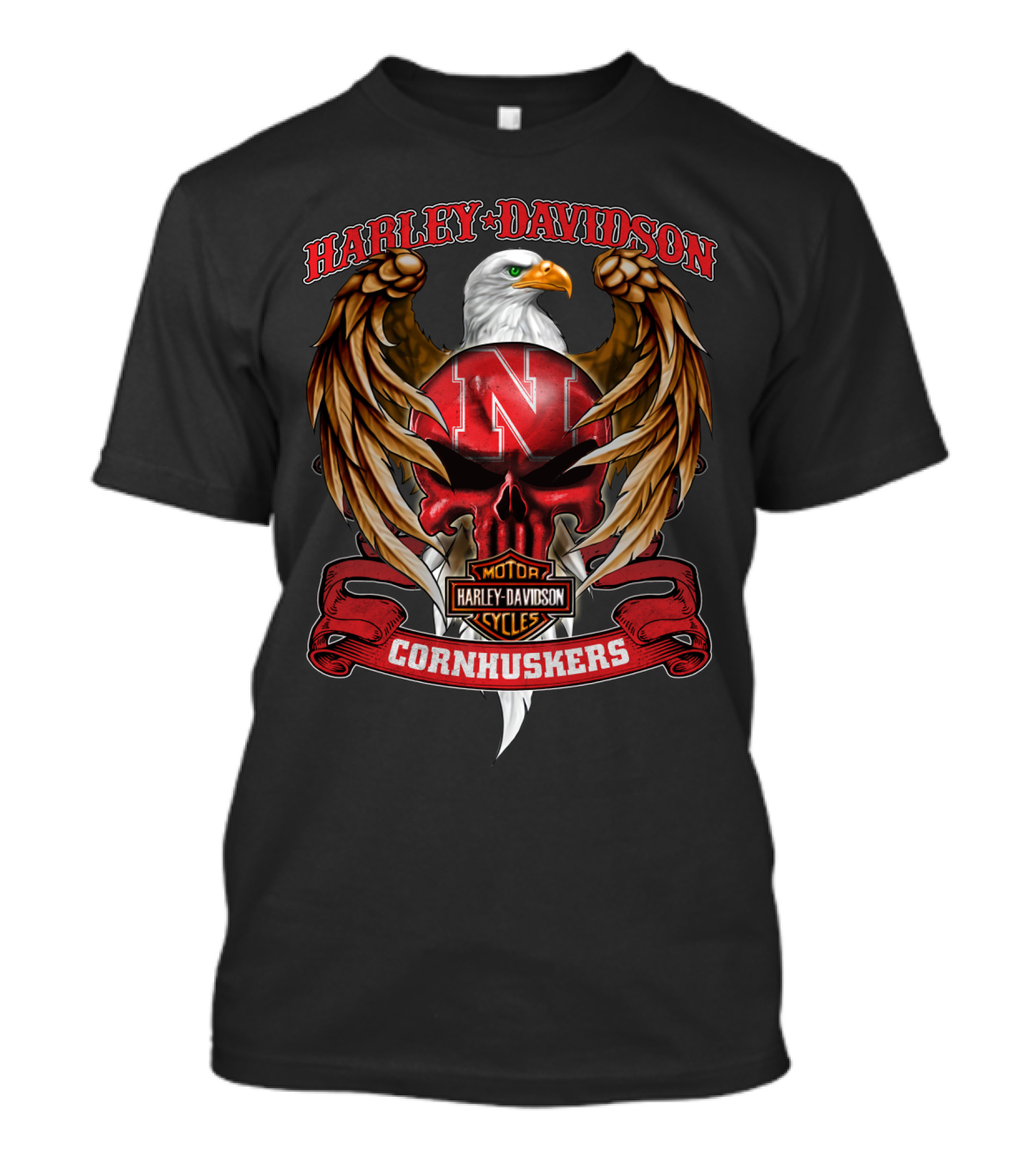 Harley Davidson Cornhuskers Nebraska N Eagle Skull Motor Cycles T-Shirt