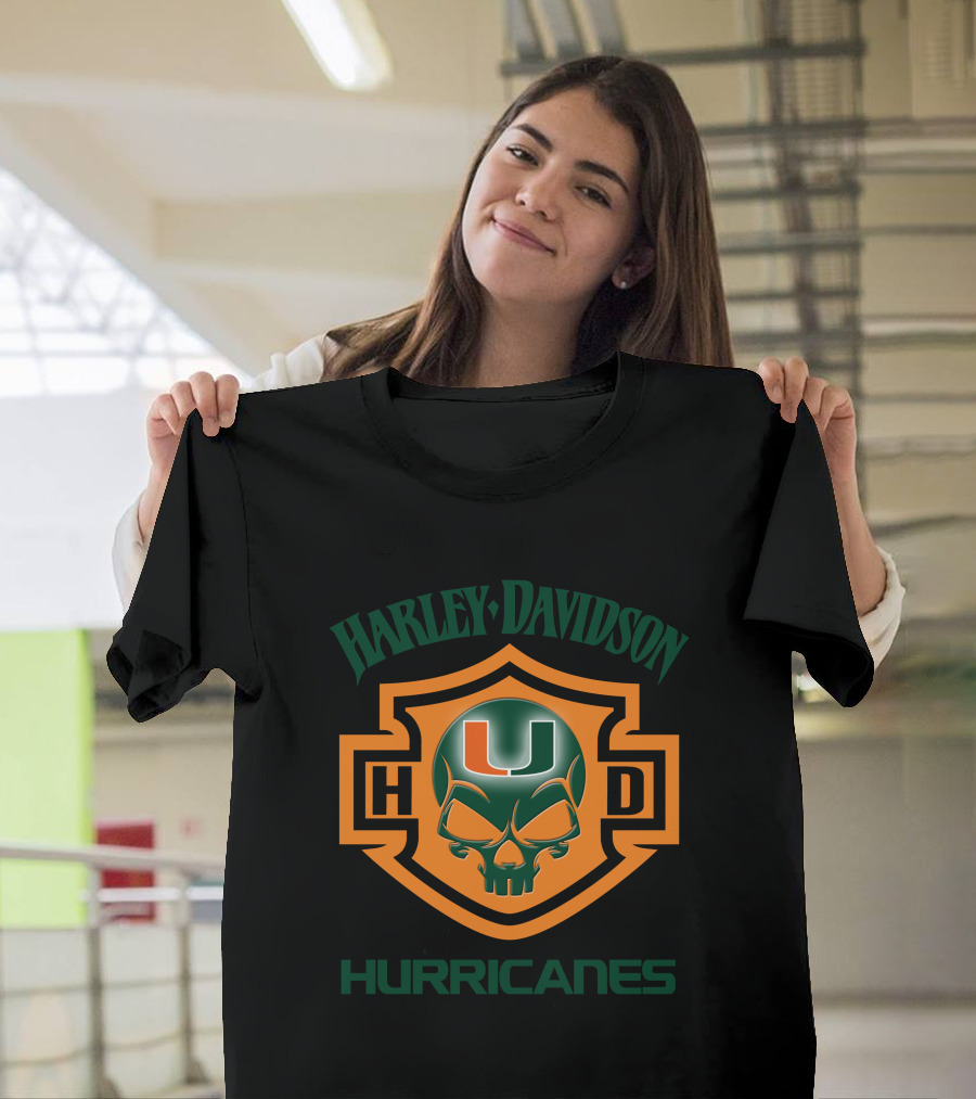 Harley Davidson Hurricanes Miami U Logo Skull Design For Ncaa Football Fans T-Shirt