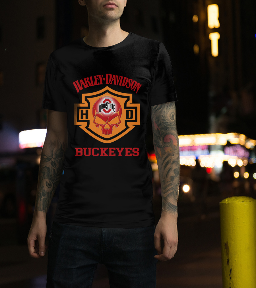 Ohio State Buckeyes Harley Davidson Fans Hd Skull T-Shirt