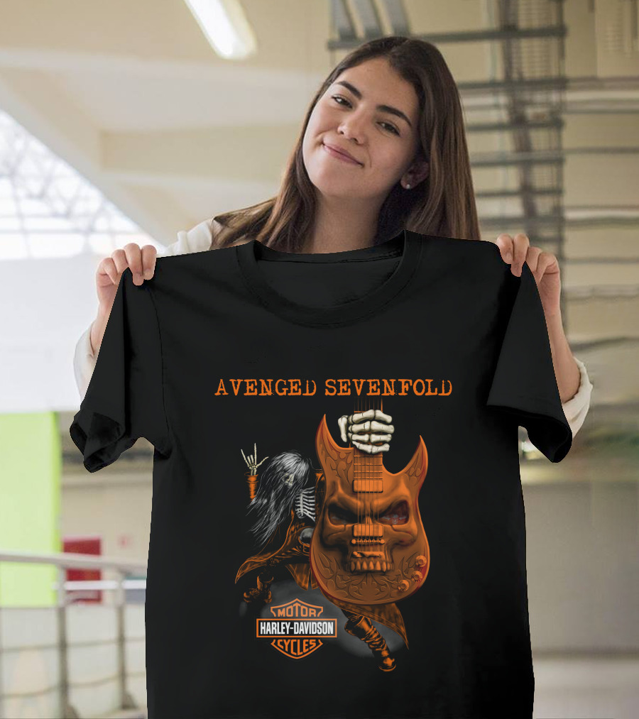 Avenged Sevenfold Harley Davidson Skeleton Guitar Imagery With Hand Sign T-Shirt
