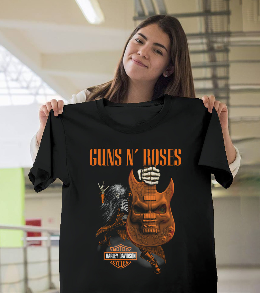 Guns N' Roses Harley Davidson Motor Cycles Skeleton Guitar Rocker T-Shirt