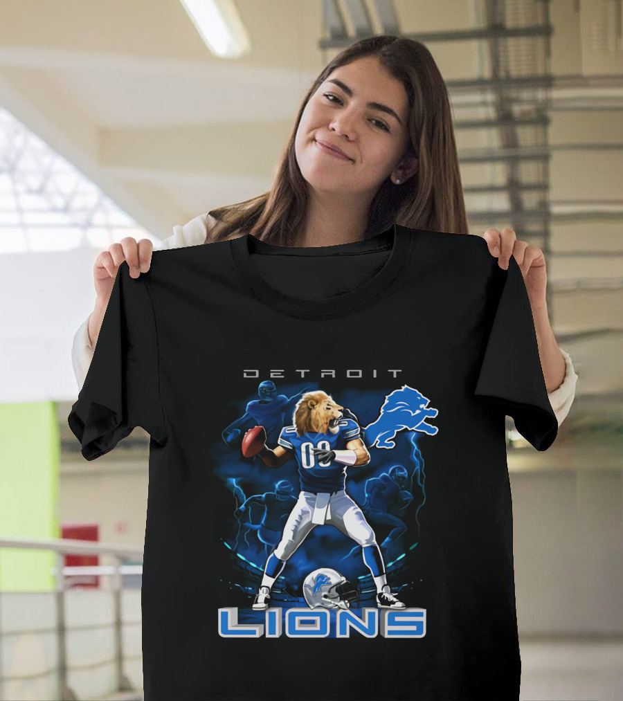 Detroit Lions Lion-Headed Quarterback Action Fantasy Scene T-Shirt