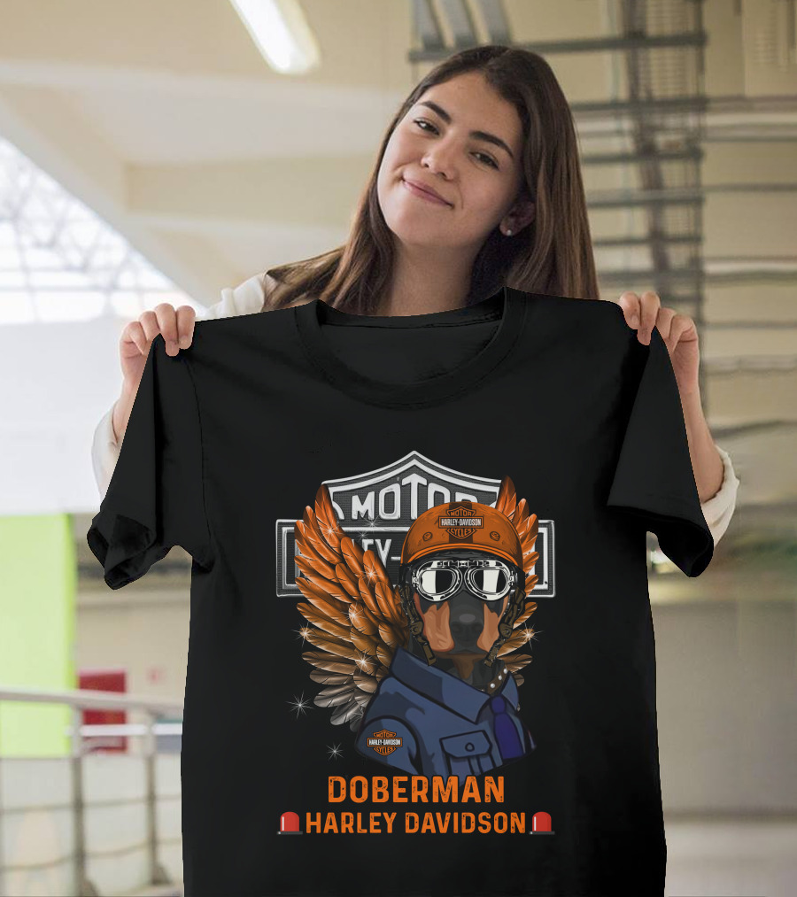 Doberman Harley Davidson Motor City Kutter Wings Helmet Goggles T-Shirt