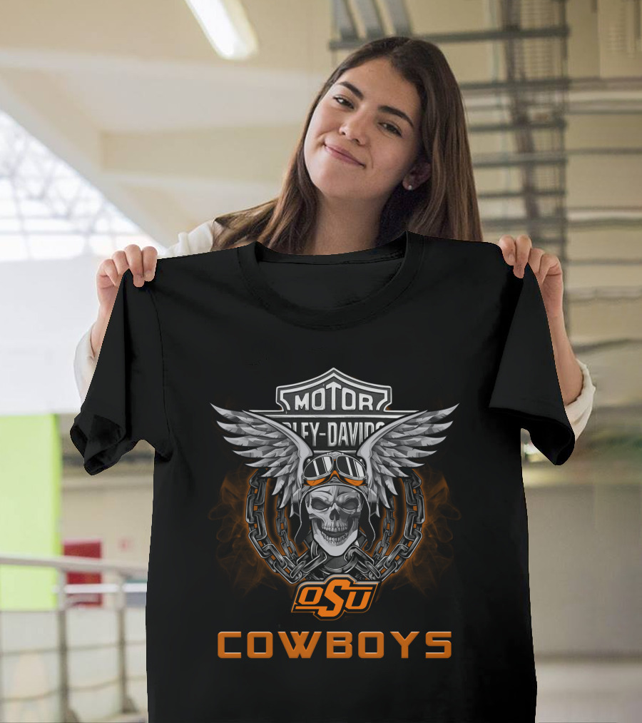 Osu Cowboys Harley Davidson Skull Wings Ncaa Football Fans T-Shirt