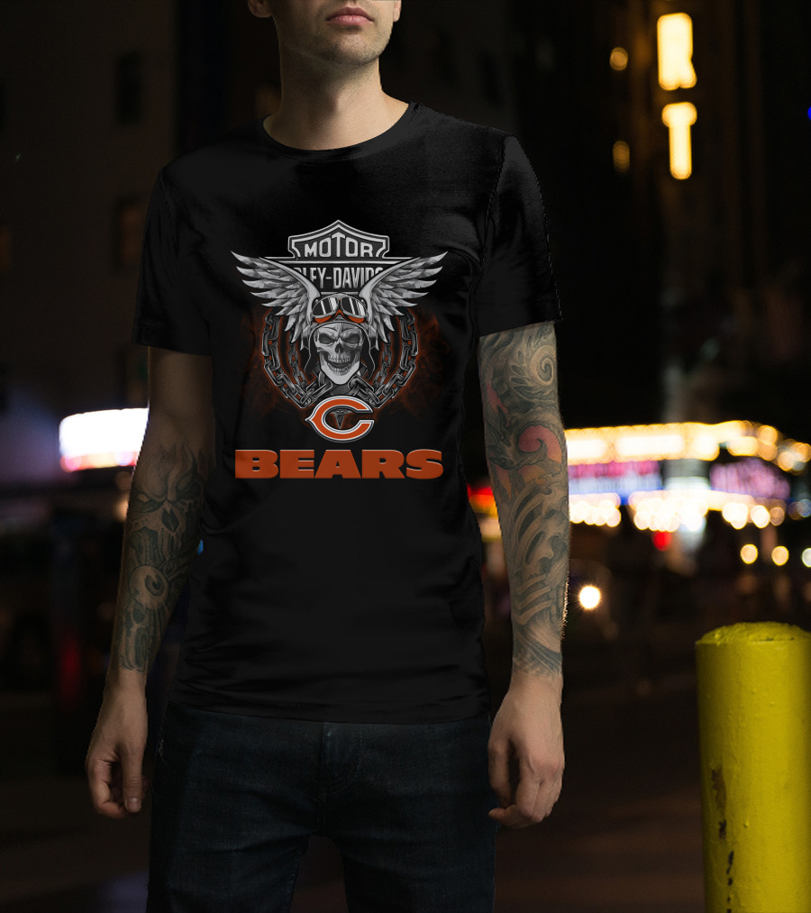 Motor Harley Davidson Chicago Bears Fans Nfl Football Skull Wings T-Shirt