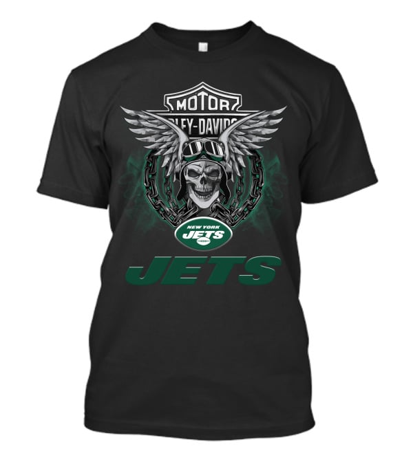 New York Jets Nfl Football Fans Harley Davidson Motor Wings Skull T-Shirt