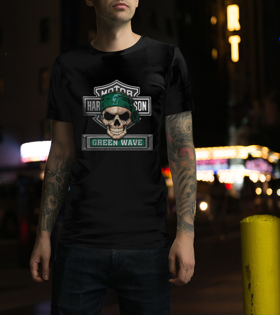 Tulane Green Wave Skull Bandana Motor Harley Davidson T-Shirt