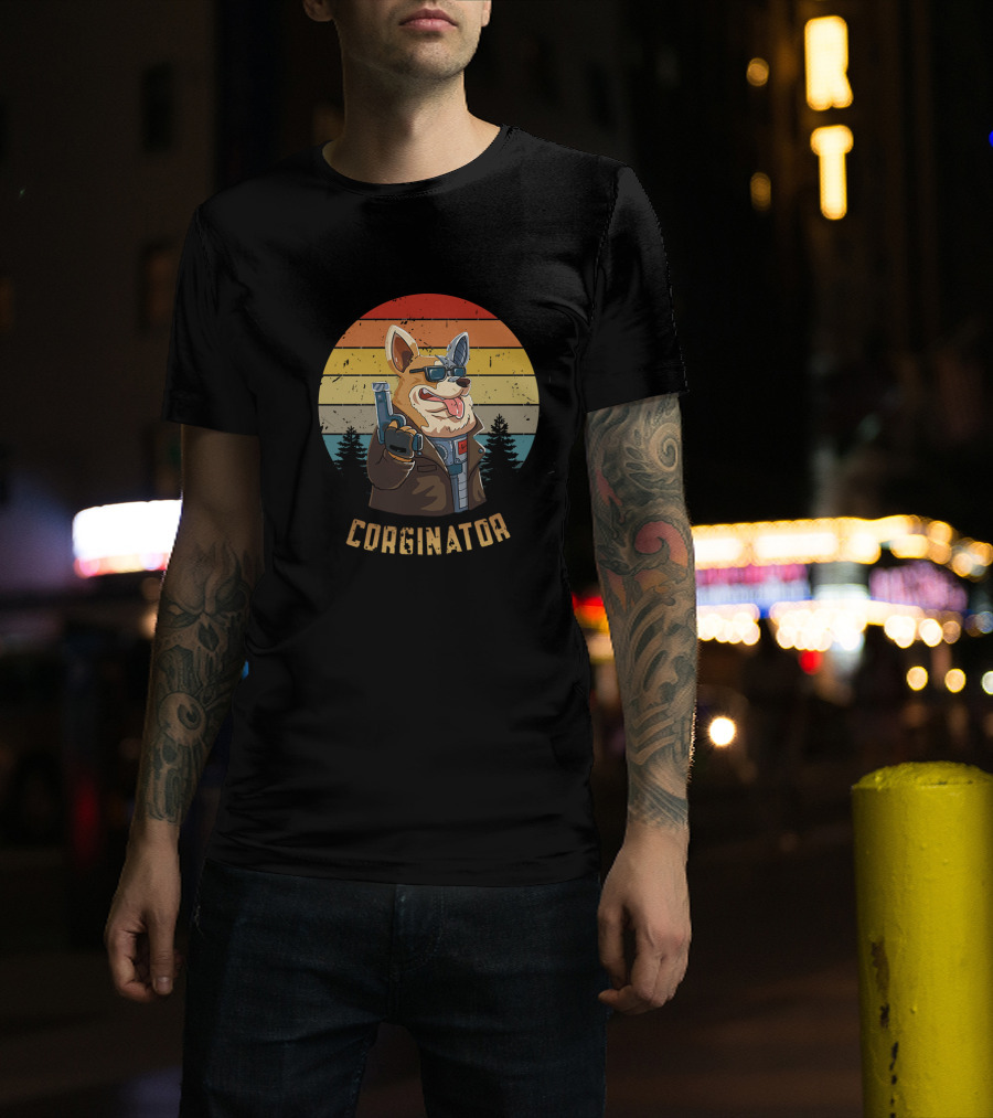 Corginator Dog With Sunglasses And Cybernetic Arm Retro Sunset T-Shirt
