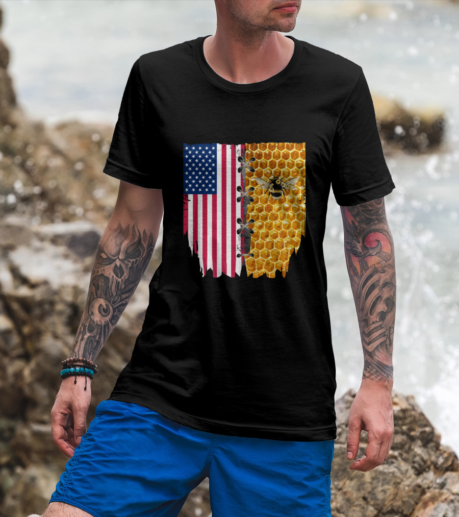 Bee And American Flag Honeycomb Fusion T-Shirt