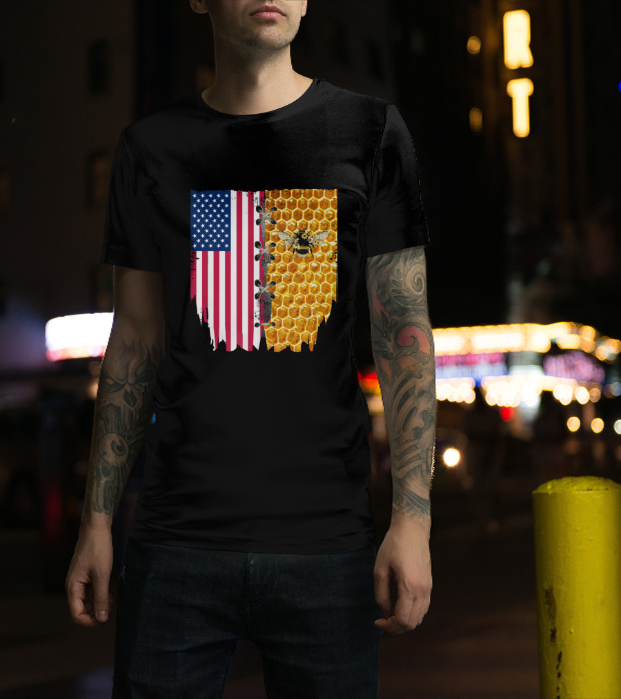 Bee And American Flag Honeycomb Fusion T-Shirt