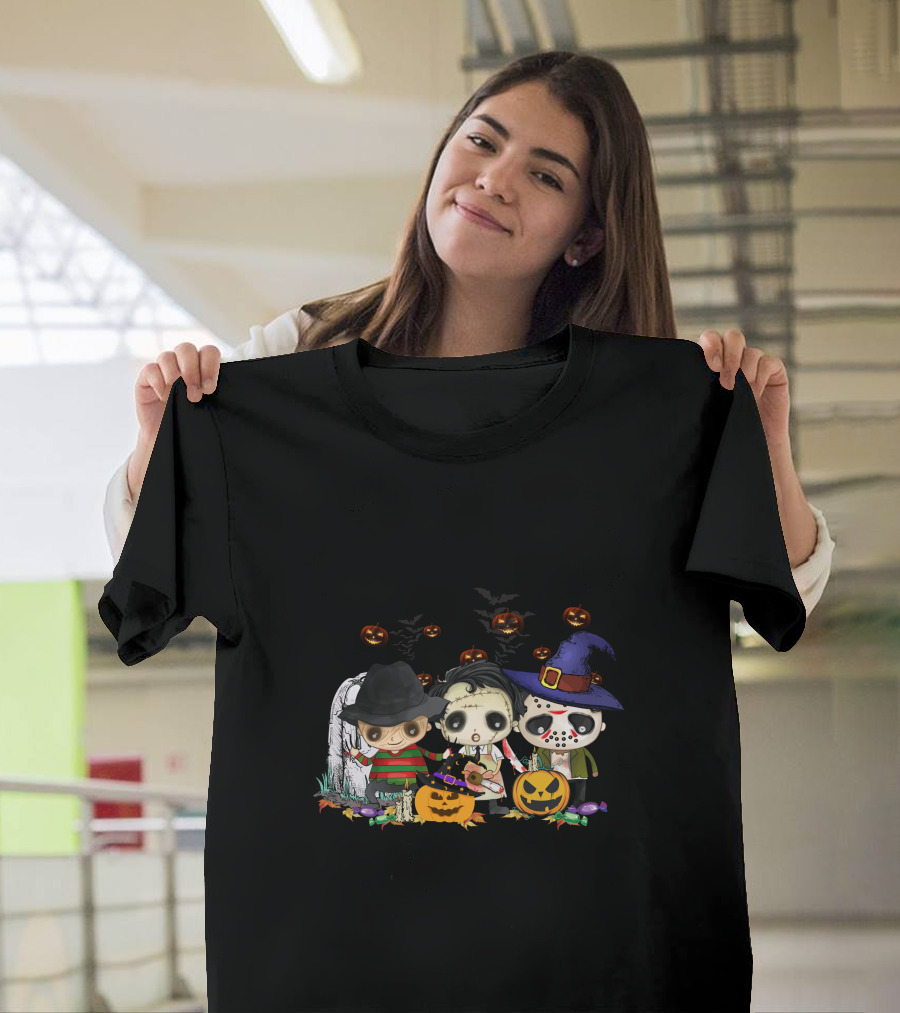 Halloween Horror Icons Trio With Jack-O'-Lanterns And Candy T-Shirt