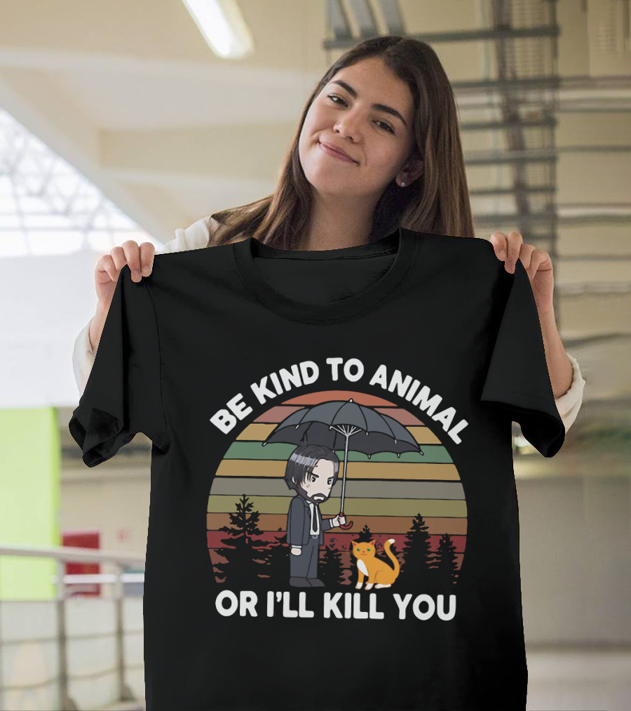 Be Kind To Animal Or I'll Kill You John Wick Parody Cat And Umbrella Chibi T-Shirt