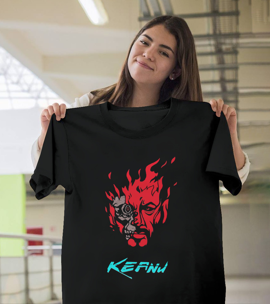 Keanu Cyberpunk Flame Skull Face T-Shirt