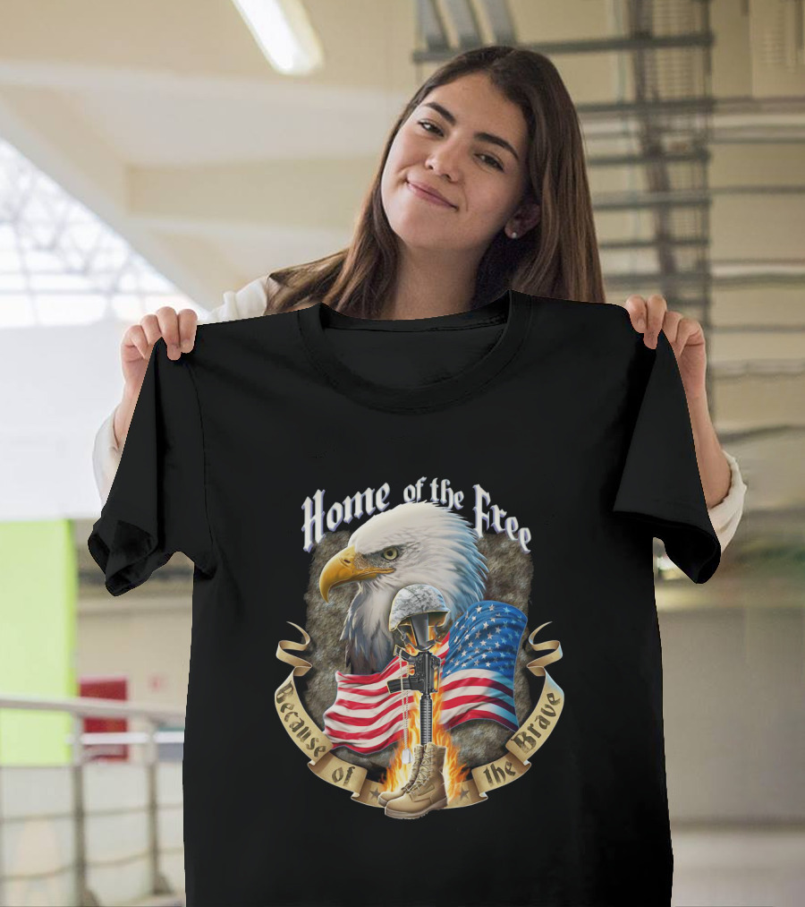 Home Of The Free Because Of The Brave American Eagle Soldier Helmet Flag T-Shirt