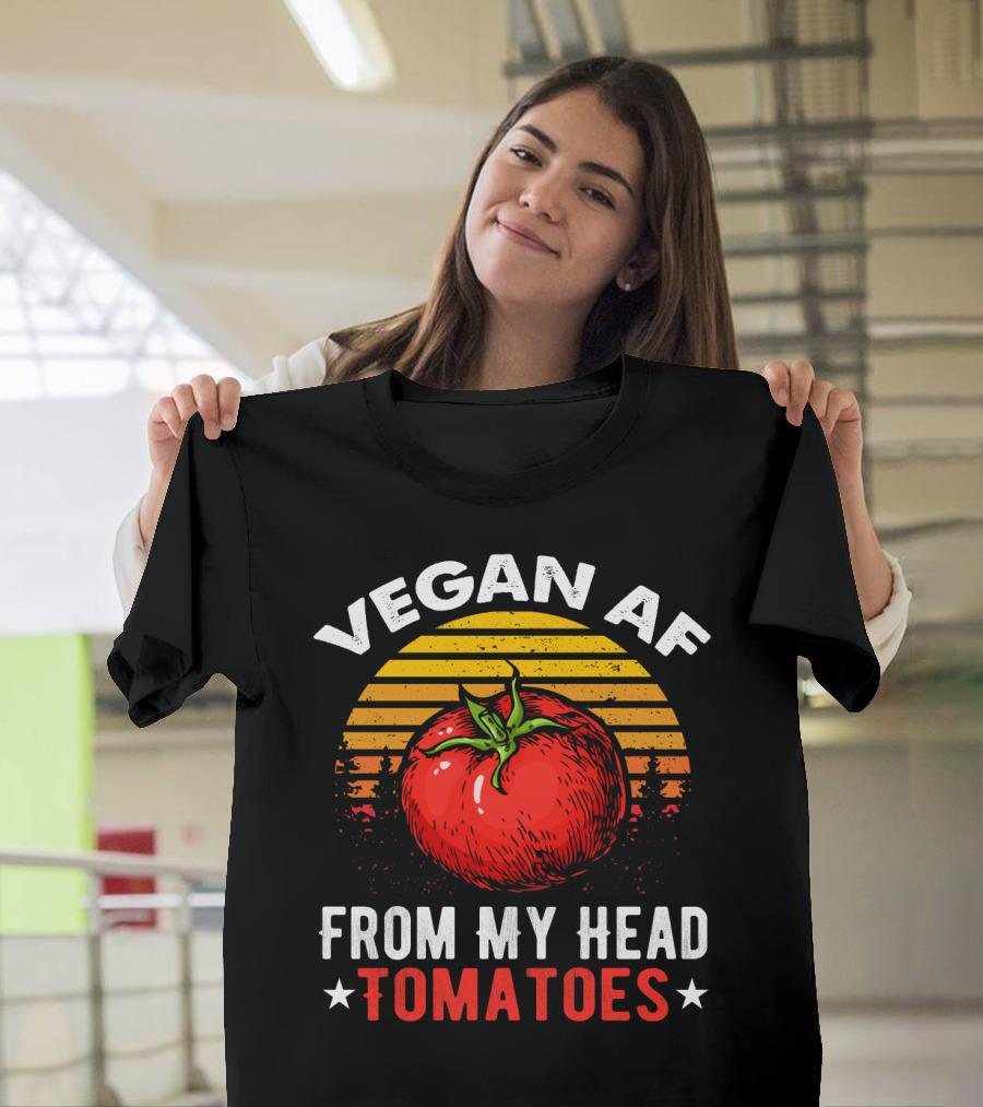 VEGAN AF FROM MY HEAD TOMATOES Retro Sunset Tomato Veggie Joke T-Shirt