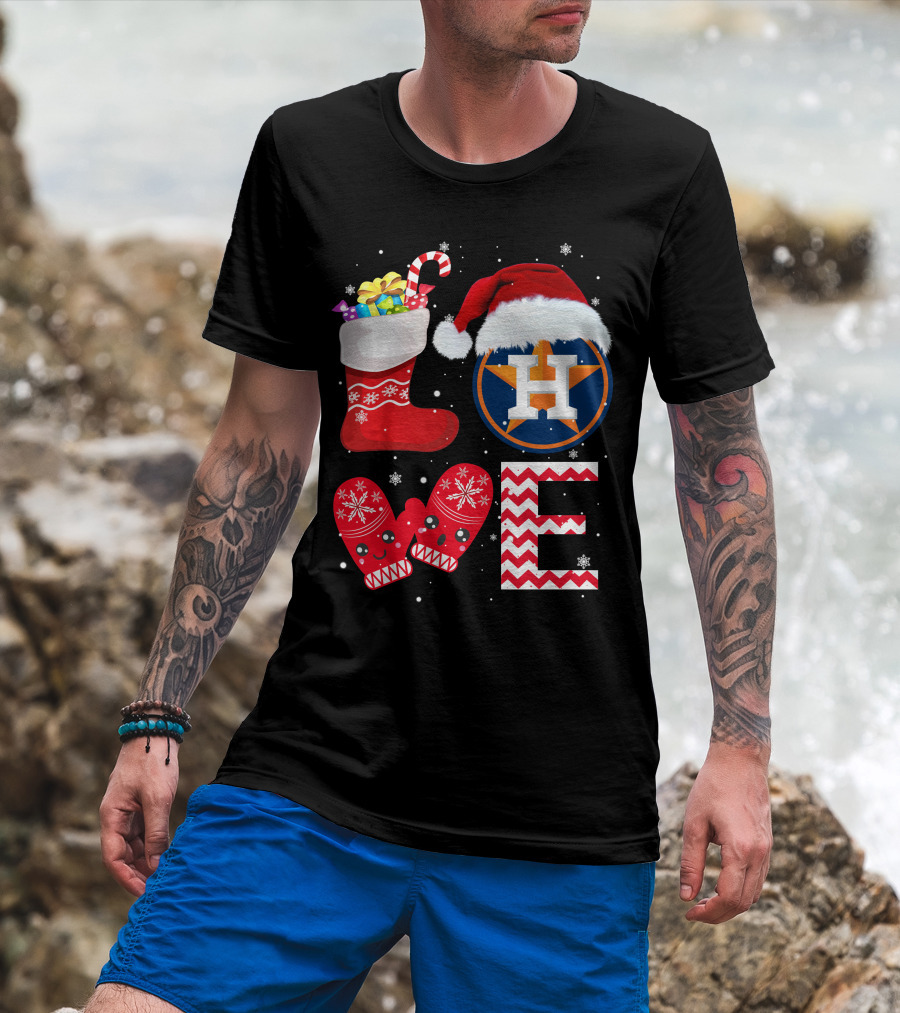 Christmas Love Houston Astros Snowflake Stocking Mittens Santa Hat T-Shirt