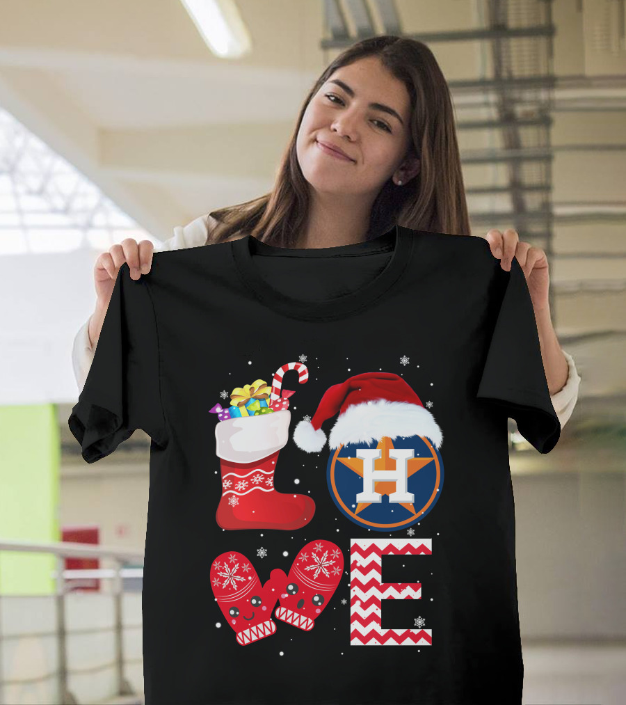 Christmas Love Houston Astros Snowflake Stocking Mittens Santa Hat T-Shirt