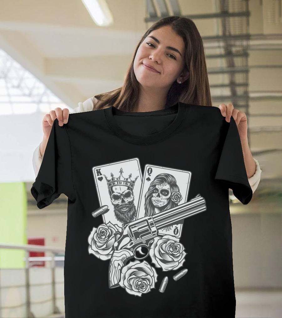 Hippie V Dead Rainbow Bertha Tie Dye King Queen Playing Cards Skulls Gun Roses Bullets T-Shirt