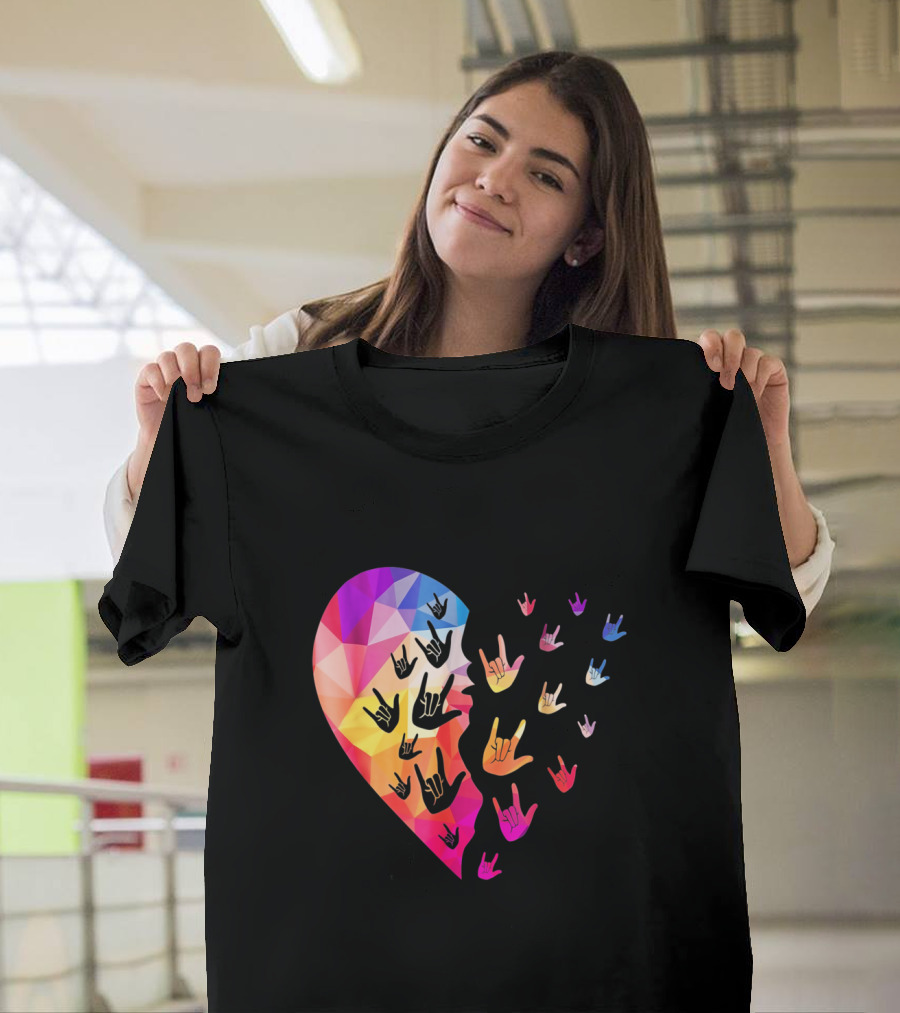 Broken Geometric Heart With Colorful Sign Language Hands T-Shirt