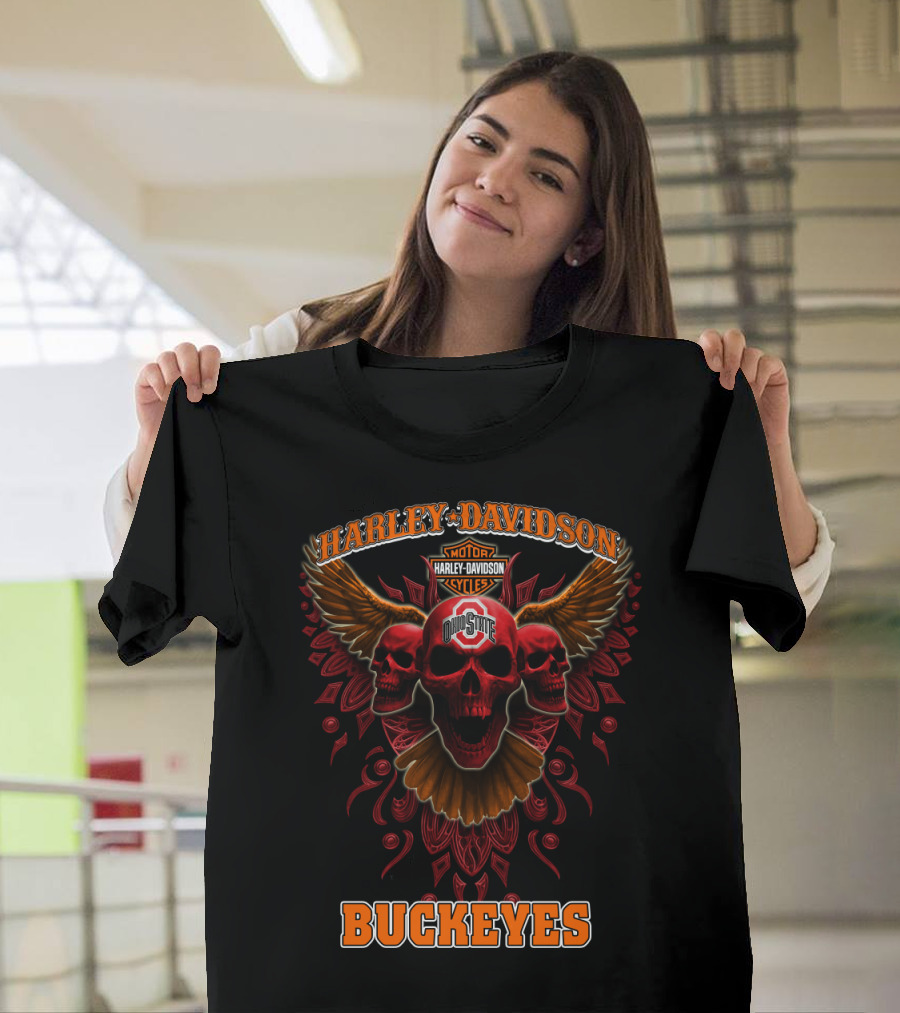 Harley Davidson Ohio State Buckeyes Motorcycles Wings Skulls T-Shirt